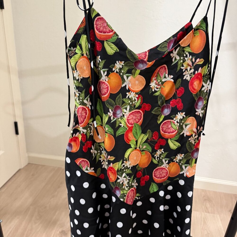 Show Me Your MuMu Uptown Tie Mini Dress in a black fruit and polka dot print - Picture 3 of 8